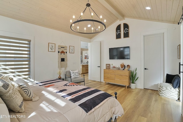 bedroom featuring vaulted ceiling with beams, wood ceiling, and light wood-type flooring