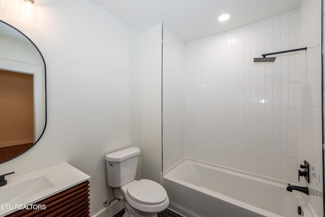 bathroom with toilet, recessed lighting,  shower combination, and vanity