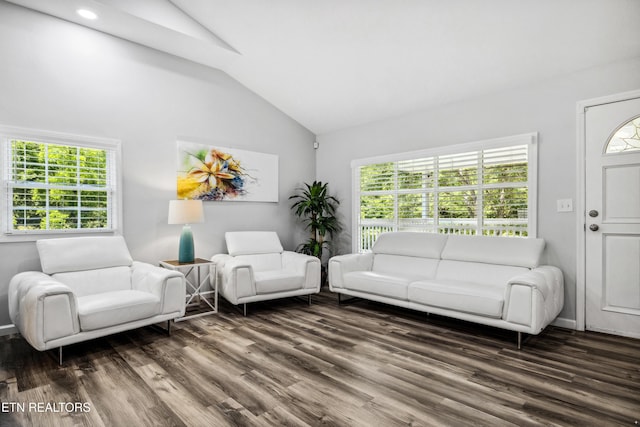 living room featuring vaulted ceiling and dark hardwood / wood-style flooring