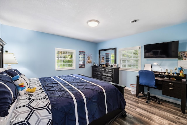 bedroom featuring multiple windows and hardwood / wood-style flooring