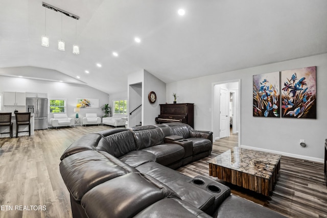 living room with lofted ceiling and hardwood / wood-style floors