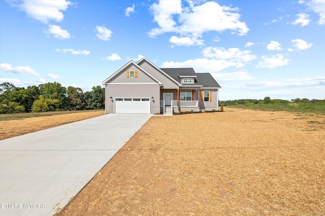 craftsman house featuring a garage, a porch, and a front lawn