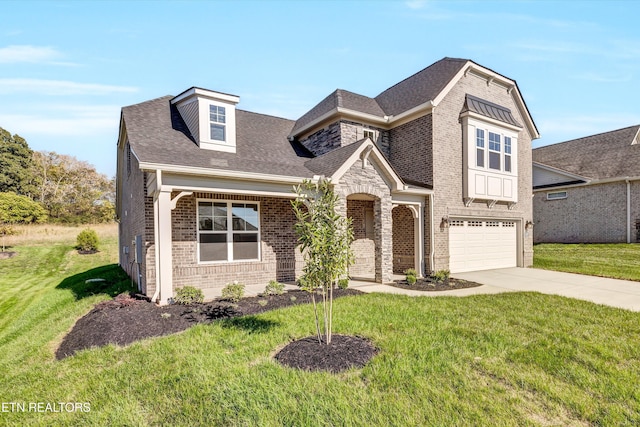 view of front of property with a garage and a front yard