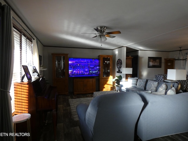 living room with ceiling fan and dark hardwood / wood-style flooring