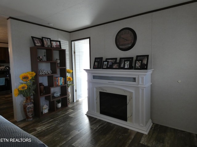 living room with dark hardwood / wood-style flooring, crown molding, and a high end fireplace
