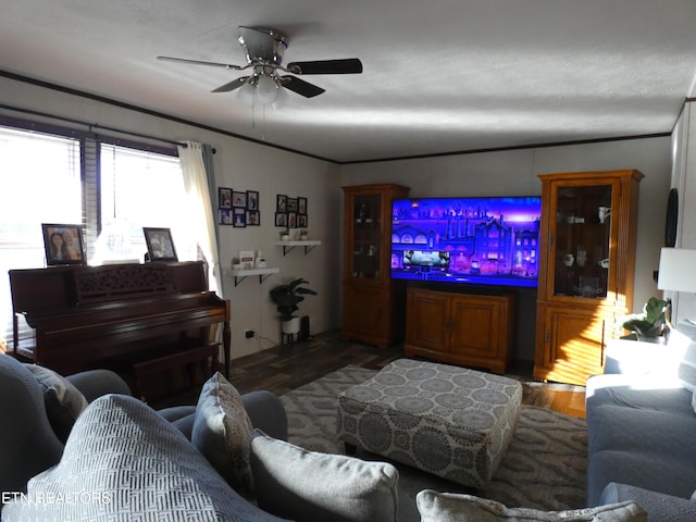 living room with hardwood / wood-style floors and ceiling fan