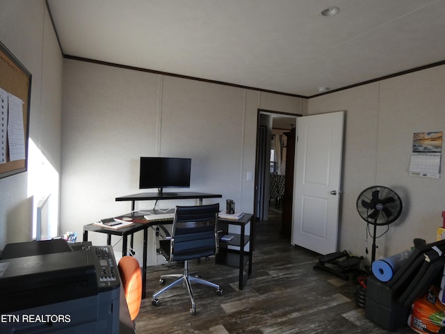 office with dark hardwood / wood-style flooring and ornamental molding
