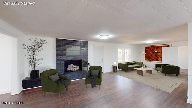 living room featuring dark wood-type flooring and a fireplace