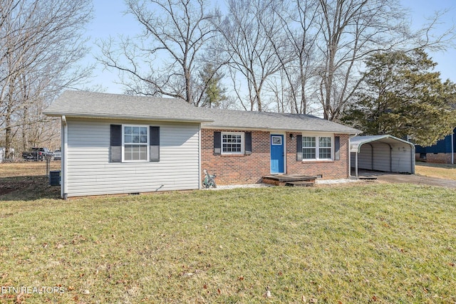 ranch-style house with a front lawn and a carport