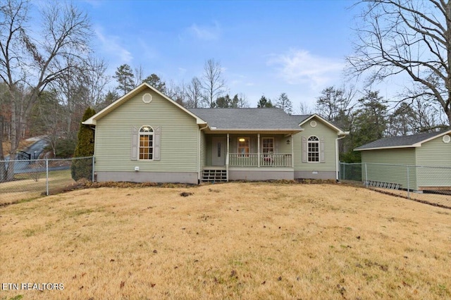 single story home with a front yard and a porch