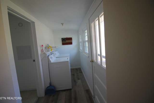 laundry area with laundry area, baseboards, wood finished floors, and washing machine and clothes dryer