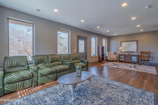 living room featuring dark wood-type flooring