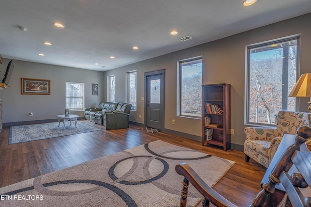 living room with plenty of natural light and dark hardwood / wood-style floors