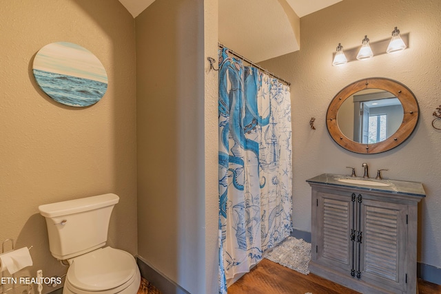 bathroom featuring a shower with curtain, vanity, hardwood / wood-style floors, and toilet