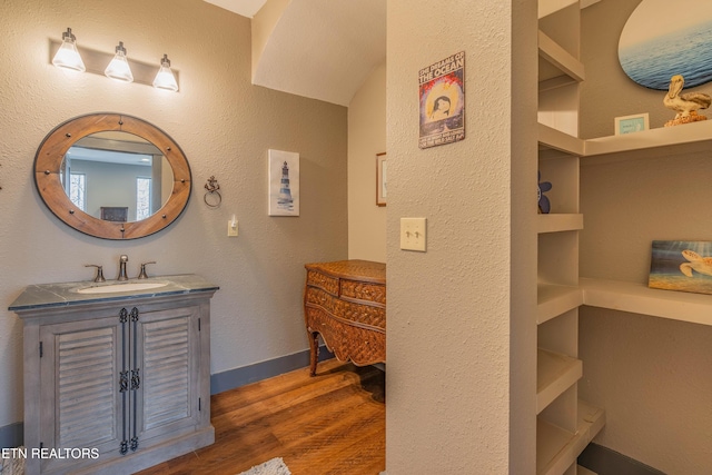 bathroom with vanity, hardwood / wood-style floors, and built in shelves