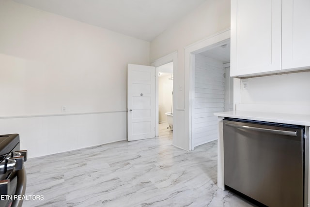 112 E Inskip Dr, Knoxville, TN 37912 - kitchen featuring dishwasher, light marble finish flooring, light countertops, white cabinetry, and black range with gas stovetop