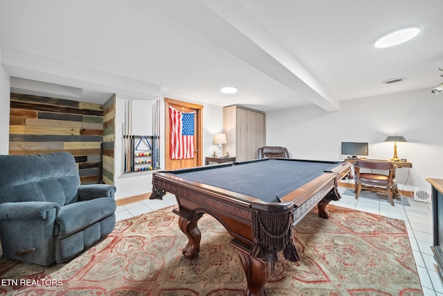 rec room with beam ceiling, light tile patterned floors, and pool table