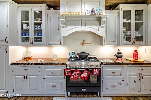 kitchen with white cabinets, custom range hood, and stainless steel stove