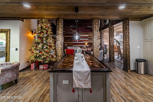 interior space featuring wood ceiling and hardwood / wood-style flooring