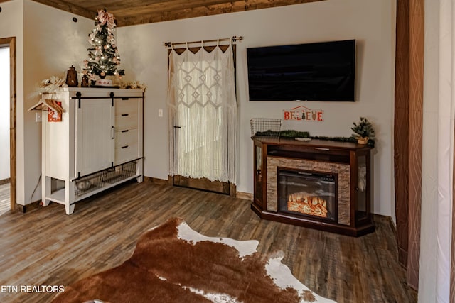 living room with a stone fireplace and wood-type flooring