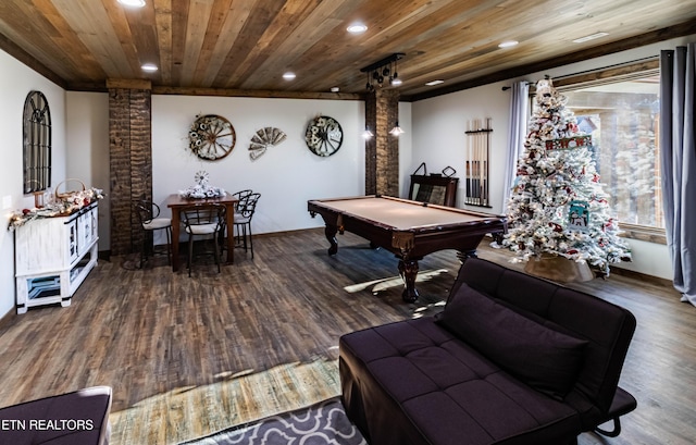 rec room featuring ornate columns, dark hardwood / wood-style floors, wooden ceiling, and billiards