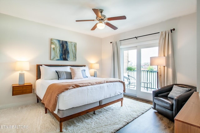 bedroom featuring access to outside and ceiling fan