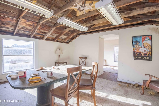 dining space featuring lofted ceiling