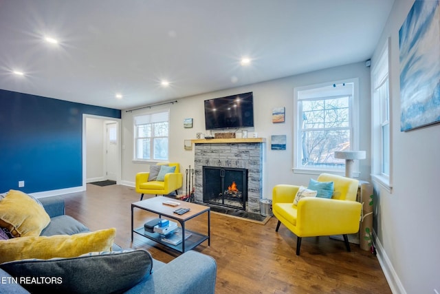 living room featuring wood-type flooring and a stone fireplace