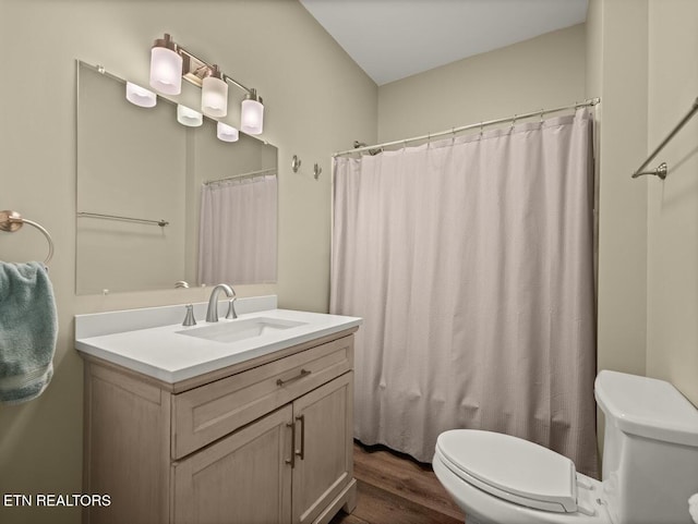 bathroom with hardwood / wood-style flooring, vanity, and toilet