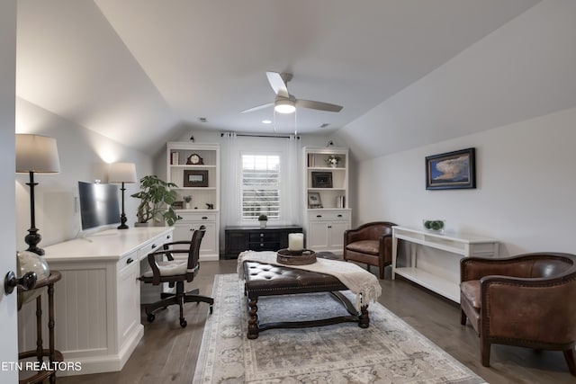 home office with ceiling fan, lofted ceiling, and wood-type flooring