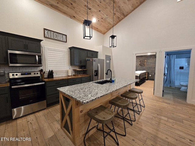 kitchen with hanging light fixtures, wood ceiling, stainless steel appliances, a center island with sink, and light hardwood / wood-style flooring