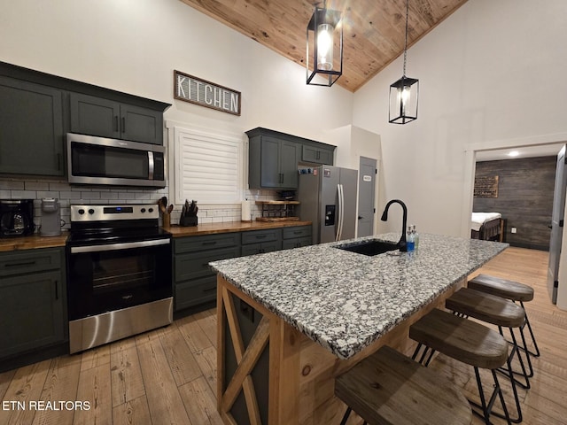 kitchen with pendant lighting, sink, a kitchen island with sink, stainless steel appliances, and wooden ceiling