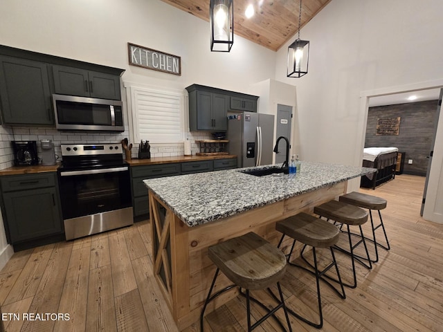 kitchen featuring wood ceiling, light wood-type flooring, appliances with stainless steel finishes, pendant lighting, and a kitchen island with sink