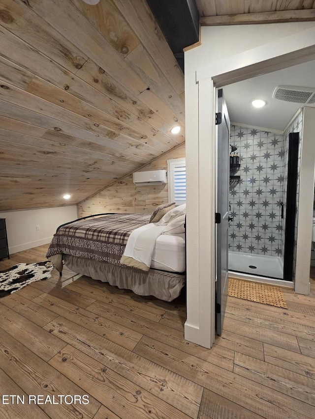 bedroom featuring wood ceiling, lofted ceiling, a wall mounted AC, and light hardwood / wood-style floors