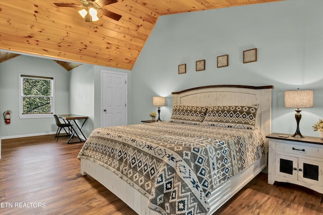 bedroom featuring wood ceiling, dark wood-type flooring, and vaulted ceiling