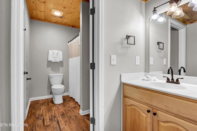 bathroom featuring vanity, hardwood / wood-style floors, wooden ceiling, and toilet