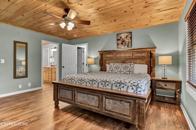 bedroom with wood ceiling, light hardwood / wood-style flooring, ceiling fan, and ensuite bathroom