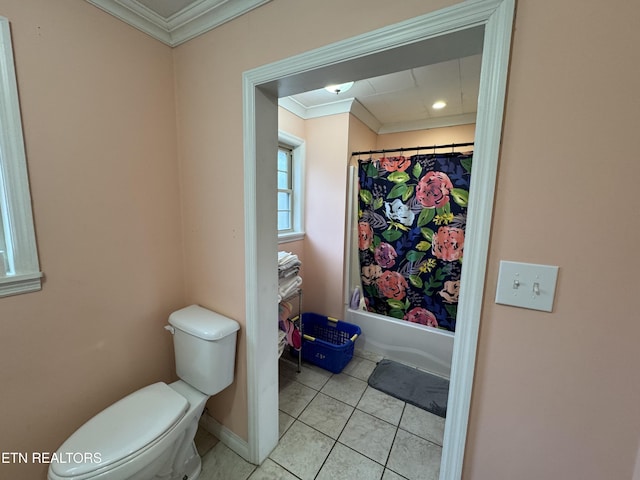 bathroom with tile patterned flooring, shower / tub combo, ornamental molding, and toilet