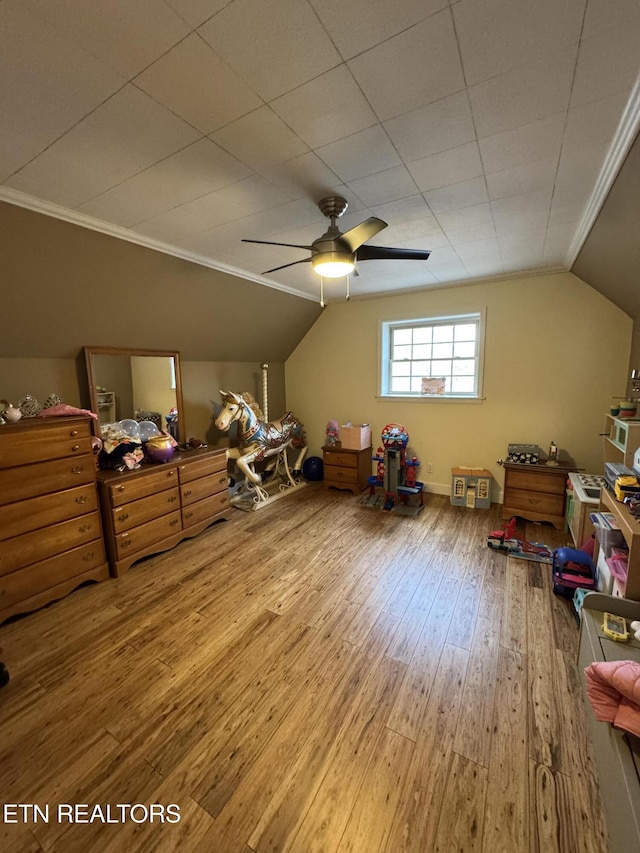 additional living space featuring lofted ceiling, wood-type flooring, and ceiling fan