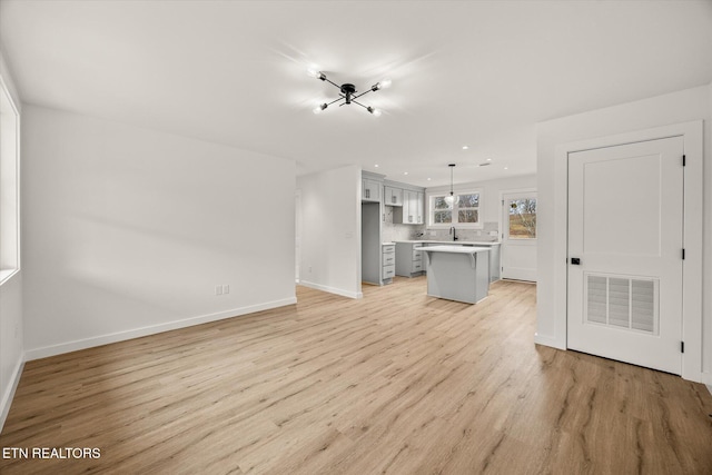 unfurnished living room featuring sink and light wood-type flooring