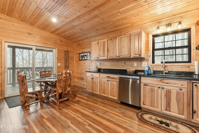 kitchen featuring sink, wood ceiling, stainless steel dishwasher, and light wood-type flooring