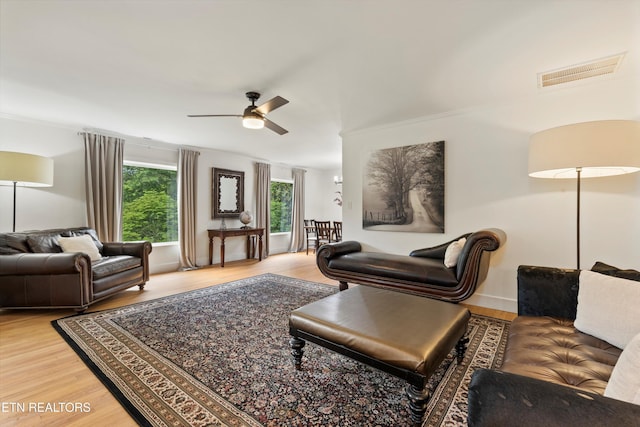 living room with hardwood / wood-style flooring and ceiling fan