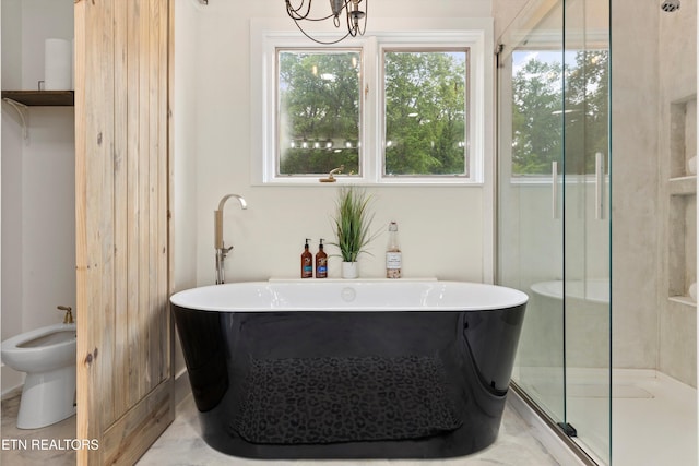 bathroom featuring a bidet, plenty of natural light, and independent shower and bath