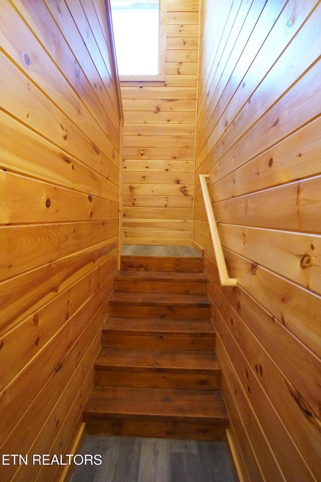 stairs featuring wooden walls