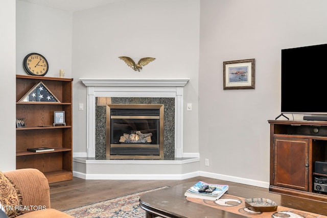 living room with dark hardwood / wood-style flooring