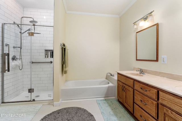 bathroom featuring vanity, crown molding, tile patterned floors, and independent shower and bath