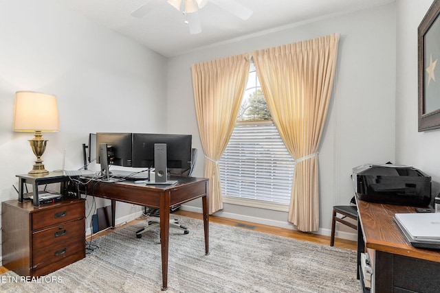 office featuring ceiling fan and light wood-type flooring