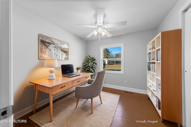 office space with ceiling fan and dark hardwood / wood-style flooring