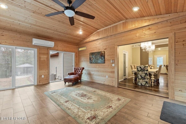 living area with light hardwood / wood-style flooring, a wall mounted air conditioner, wood ceiling, and wooden walls