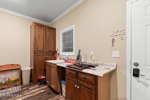 kitchen with dark wood-type flooring, ornamental molding, sink, and light stone counters